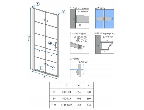 Drzwi Prysznicowe Składane MOLIER 80 KRATKA REA + LISTWA MAGNETYCZNA - 4